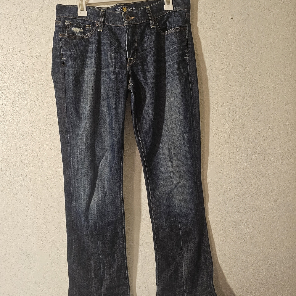 Lucky Brand Bootcut Jeans Blue Denim Medium Wash Distressed Raw Hem Women's